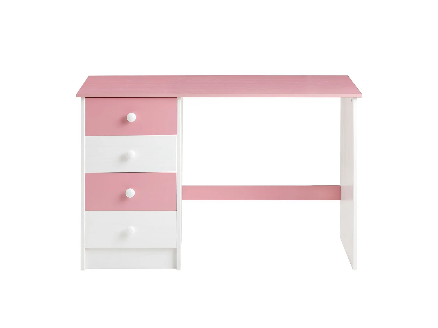 Bureau ARNE pour enfant ou adulte multi rangements, avec 4 tiroirs, en pin massif lasuré blanc et rose