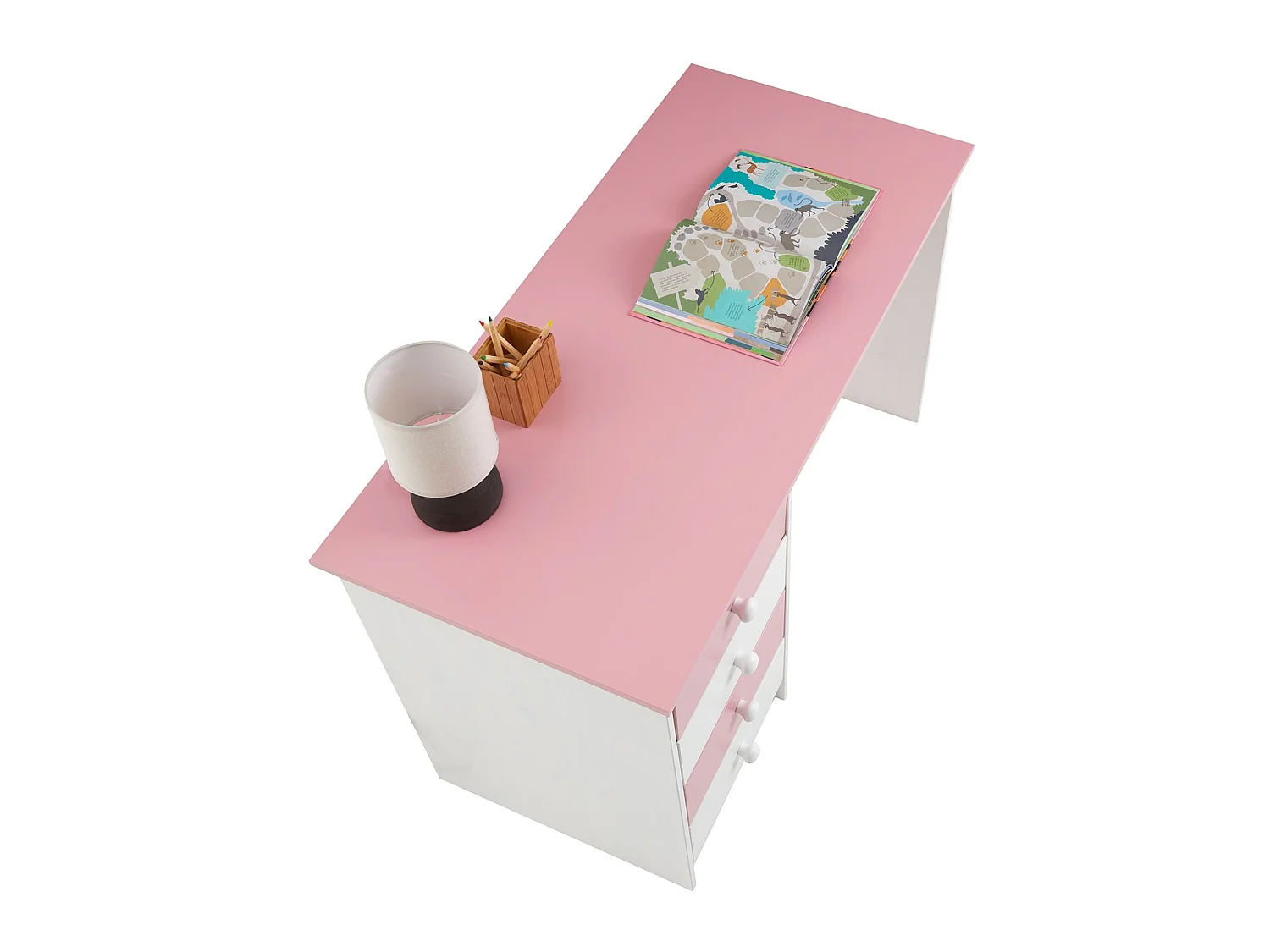 Bureau ARNE pour enfant ou adulte multi rangements, avec 4 tiroirs, en pin massif lasuré blanc et rose