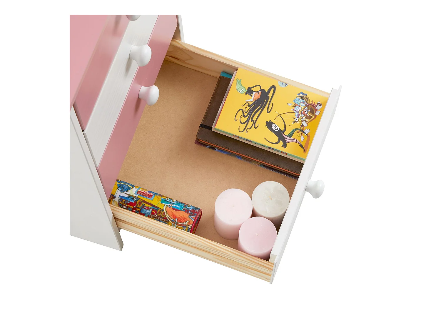 Bureau ARNE pour enfant ou adulte multi rangements, avec 4 tiroirs, en pin massif lasuré blanc et rose