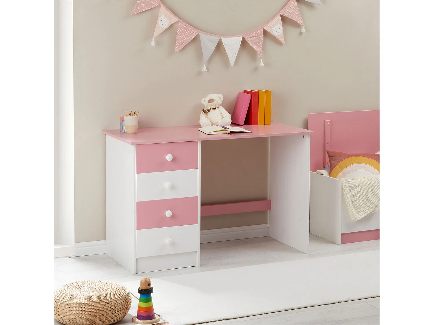 Bureau ARNE pour enfant ou adulte multi rangements, avec 4 tiroirs, en pin massif lasuré blanc et rose