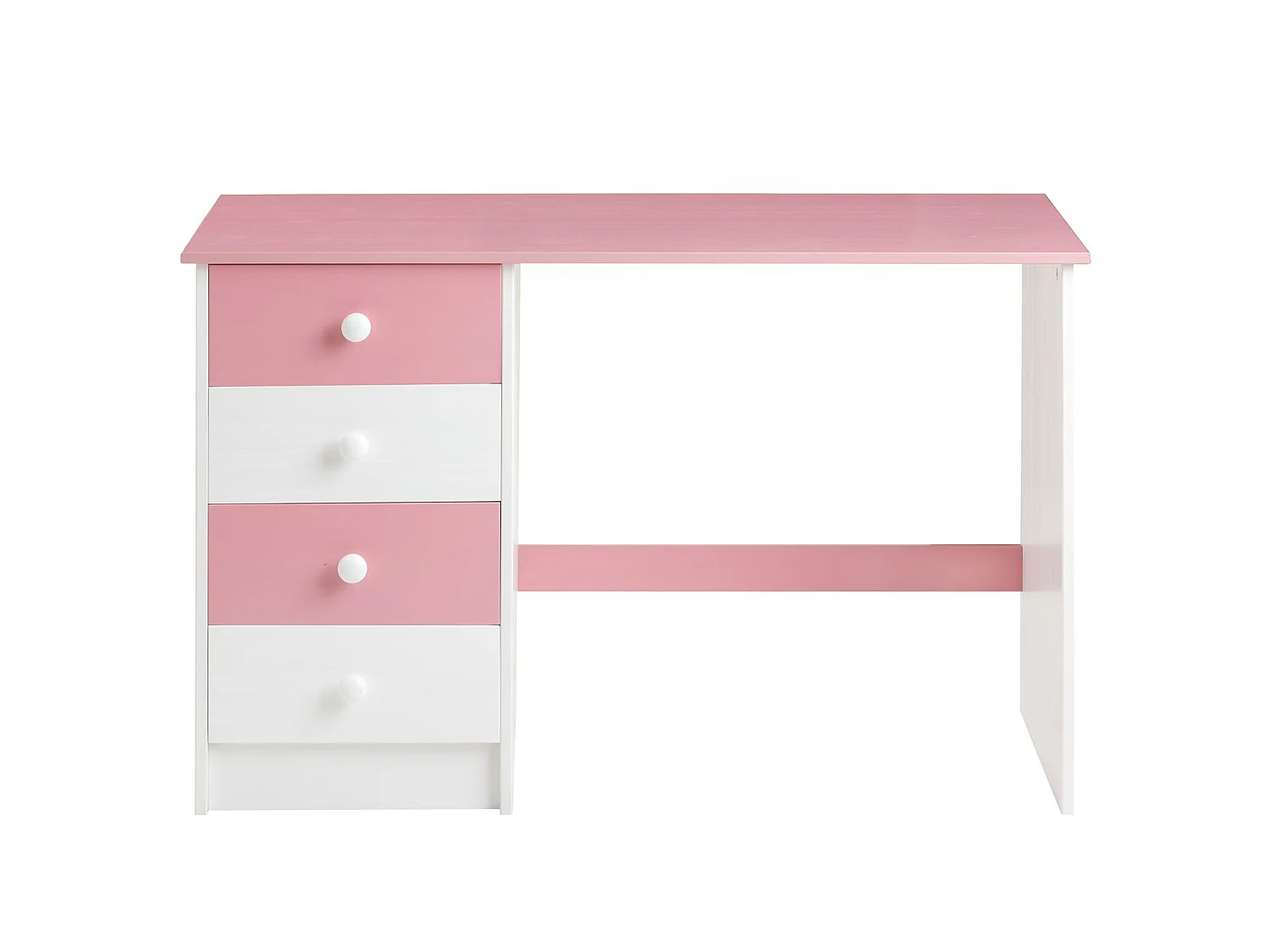 Bureau ARNE pour enfant ou adulte multi rangements, avec 4 tiroirs, en pin massif lasuré blanc et rose