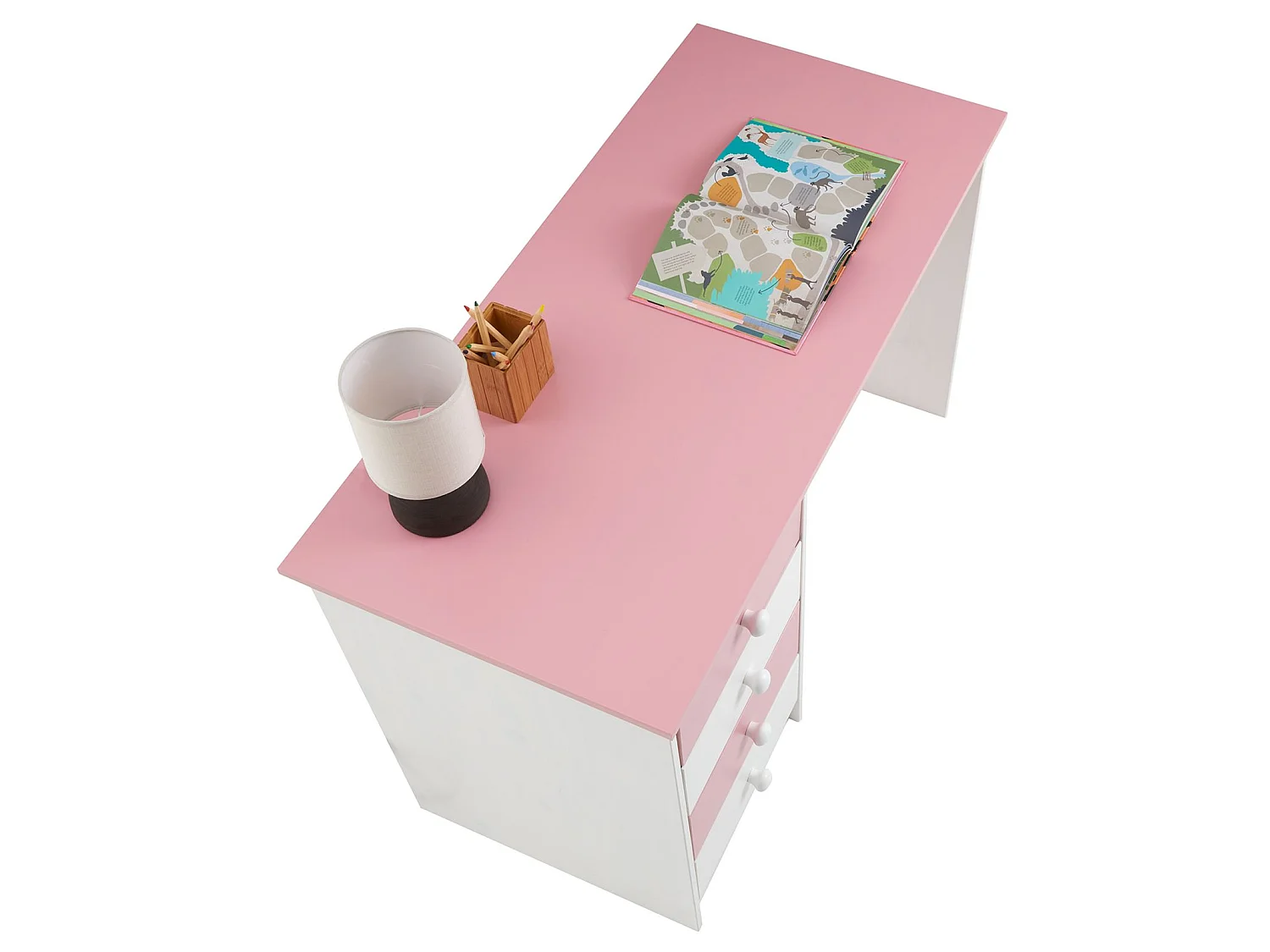 Bureau ARNE pour enfant ou adulte multi rangements, avec 4 tiroirs, en pin massif lasuré blanc et rose