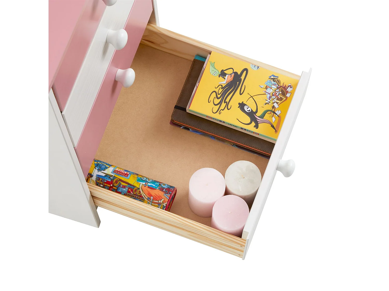 Bureau ARNE pour enfant ou adulte multi rangements, avec 4 tiroirs, en pin massif lasuré blanc et rose