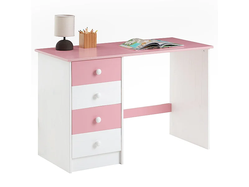Bureau ARNE pour enfant ou adulte multi rangements, avec 4 tiroirs, en pin massif lasuré blanc et rose