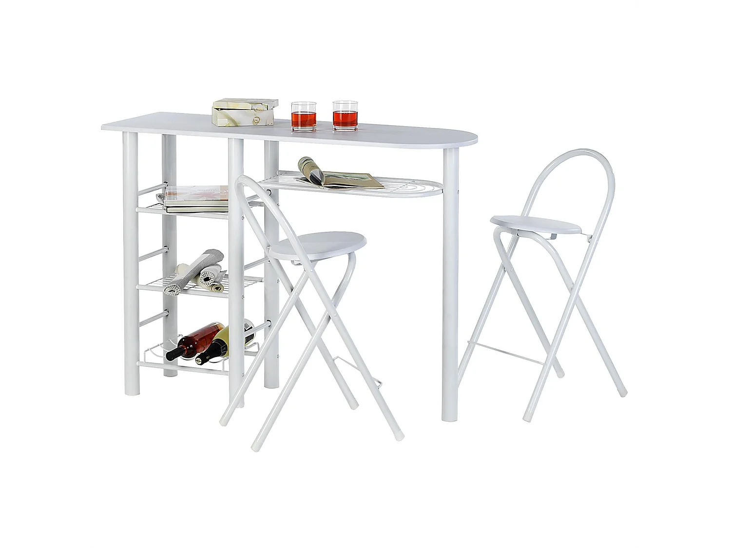 Ensemble STYLE avec table haute de bar mange-debout comptoir et 2 chaises/tabourets, en MDF blanc mat et structure en métal blanc