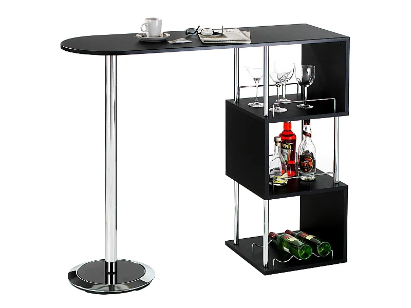 Table haute de bar VIGANDO mange-debout comptoir avec 3 étagères dont 1 porte-bouteilles, en métal chromé et plateau en MDF noir mat