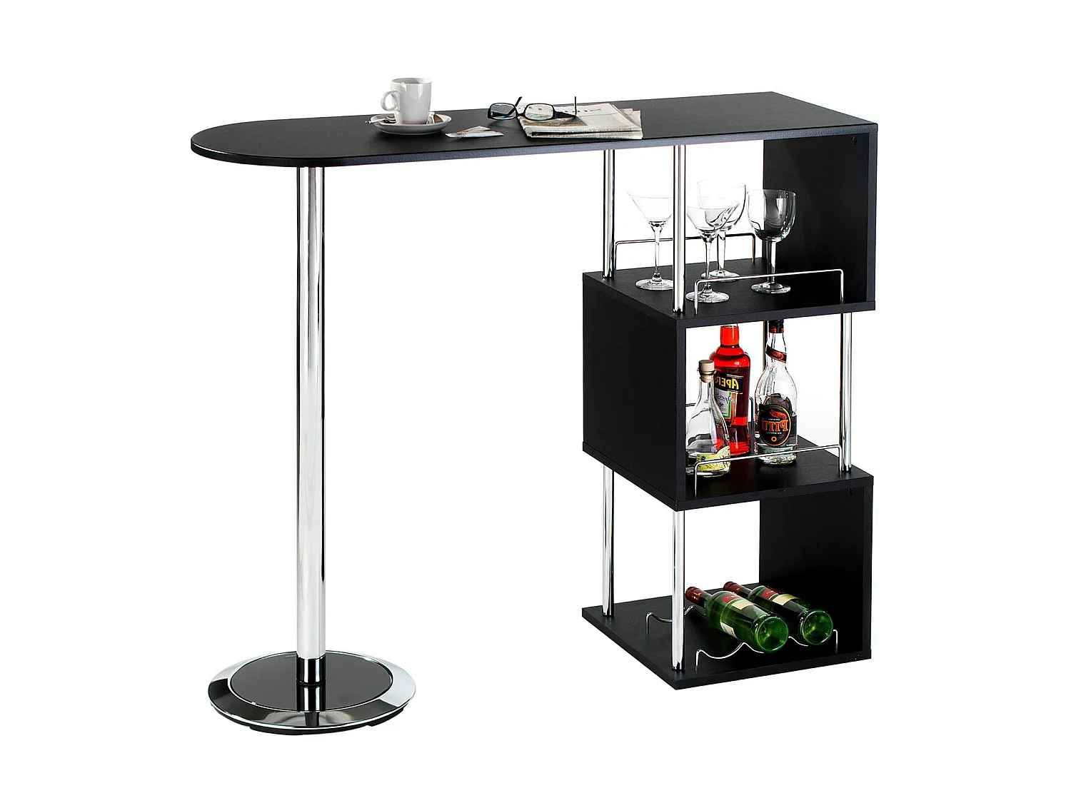 Table haute de bar VIGANDO mange-debout comptoir avec 3 étagères dont 1 porte-bouteilles, en métal chromé et plateau en MDF noir mat
