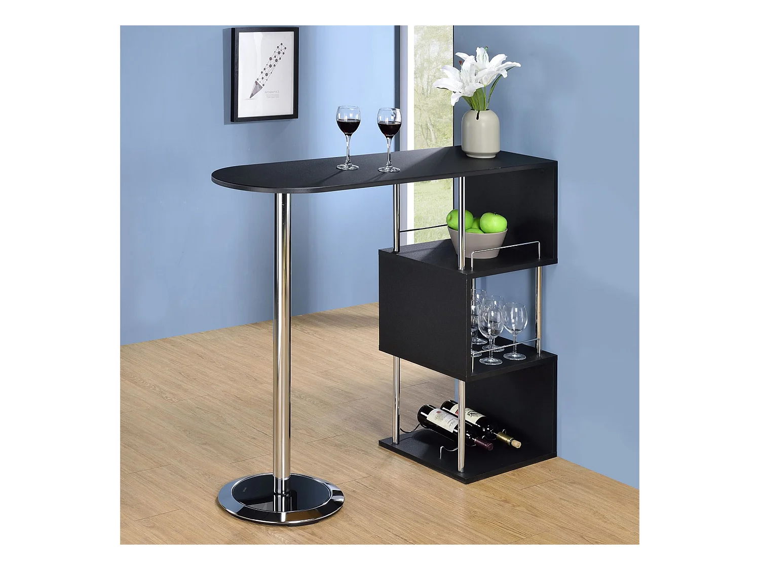 Table haute de bar VIGANDO mange-debout comptoir avec 3 étagères dont 1 porte-bouteilles, en métal chromé et plateau en MDF noir mat