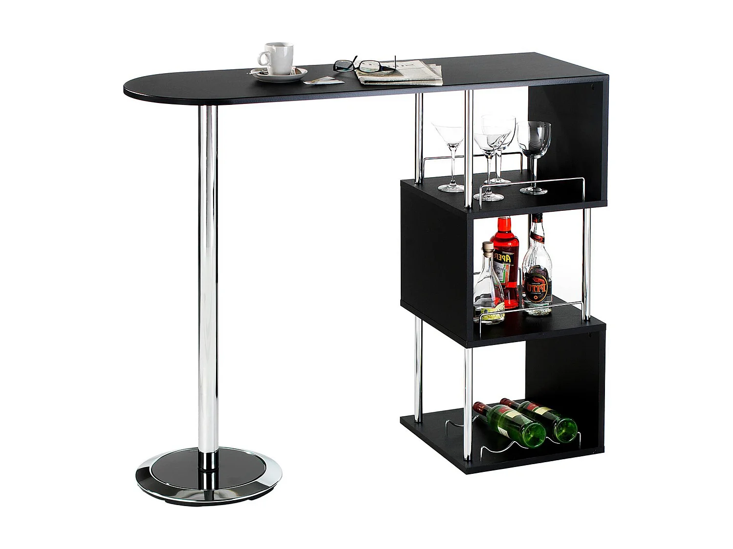 Table haute de bar VIGANDO mange-debout comptoir avec 3 étagères dont 1 porte-bouteilles, en métal chromé et plateau en MDF noir mat