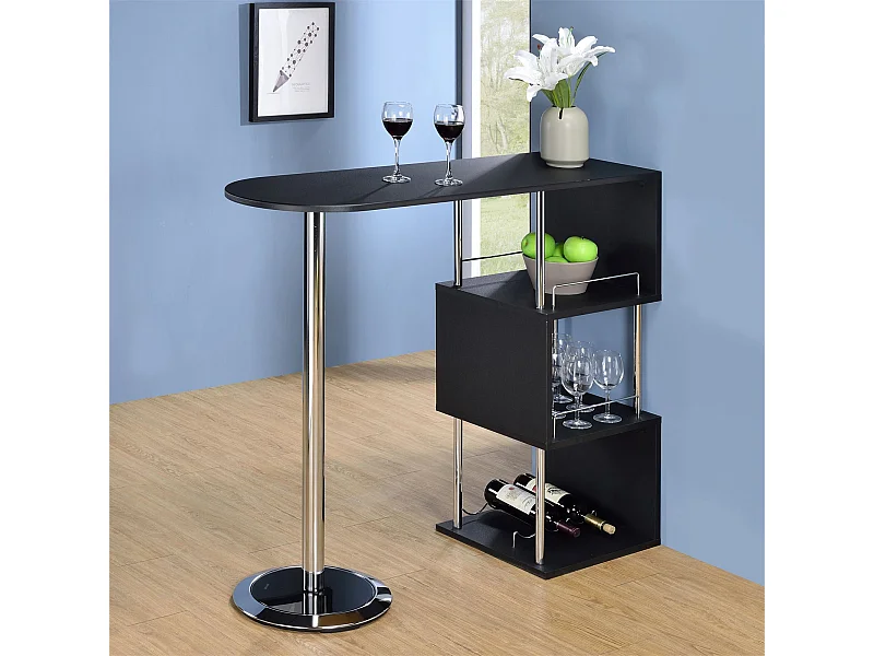 Table haute de bar VIGANDO mange-debout comptoir avec 3 étagères dont 1 porte-bouteilles, en métal chromé et plateau en MDF noir mat