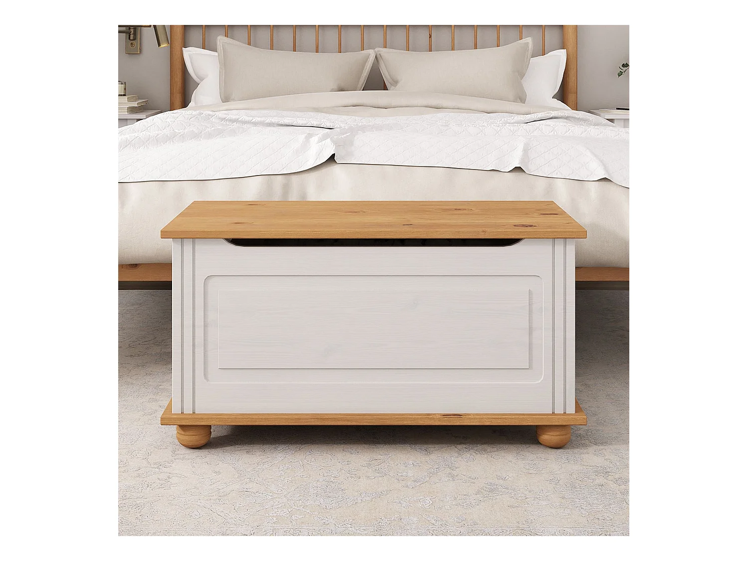 Coffre de rangement BRISTOL banc avec abattant en pin massif lasuré blanc et brun