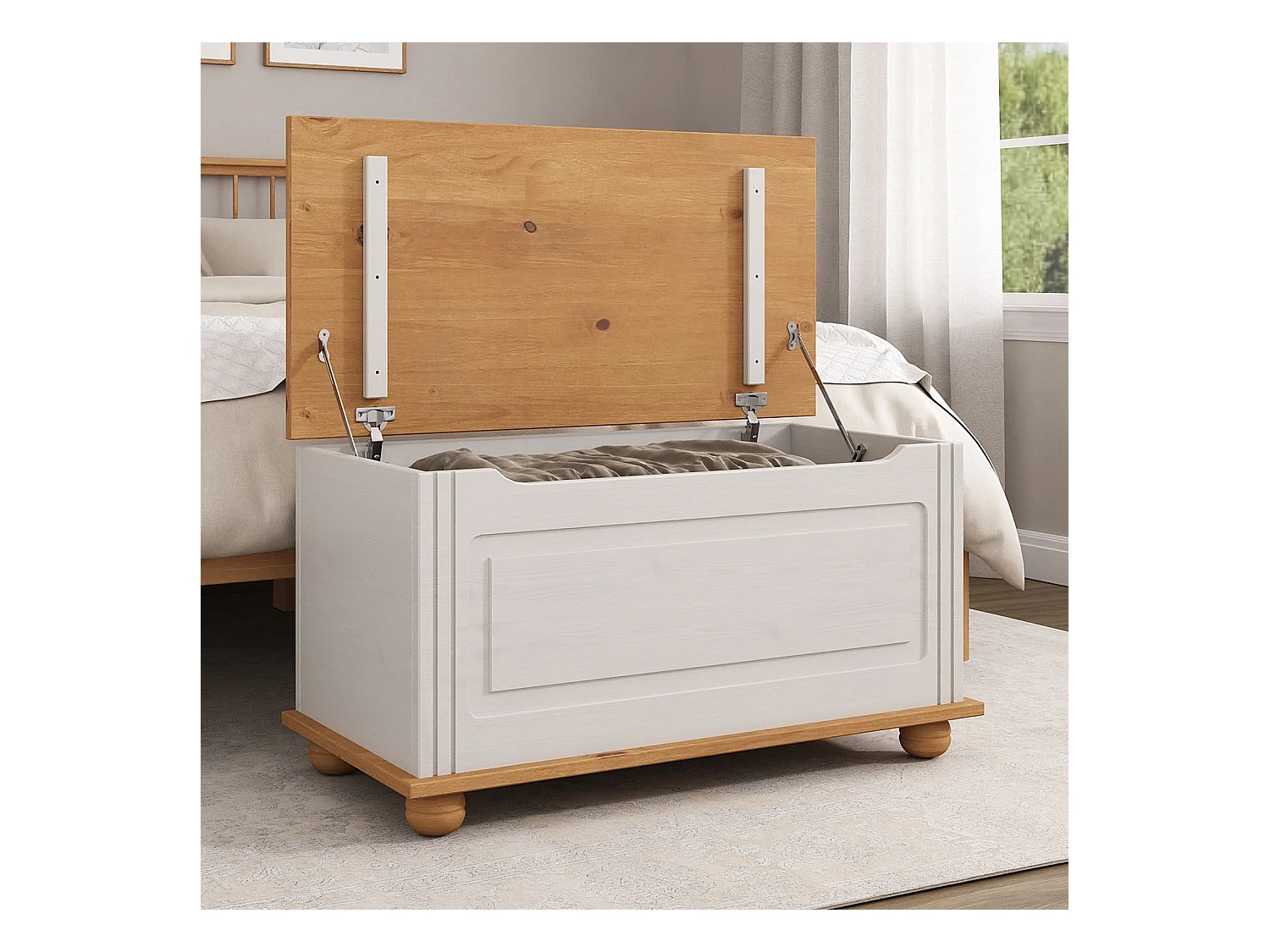 Coffre de rangement BRISTOL banc avec abattant en pin massif lasuré blanc et brun