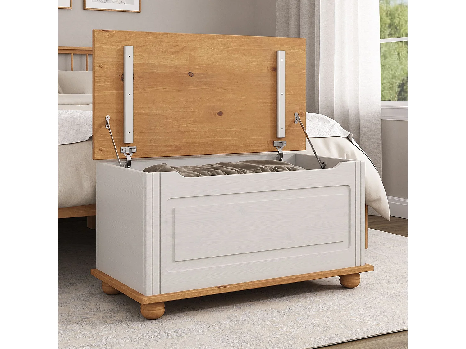 Coffre de rangement BRISTOL banc avec abattant en pin massif lasuré blanc et brun