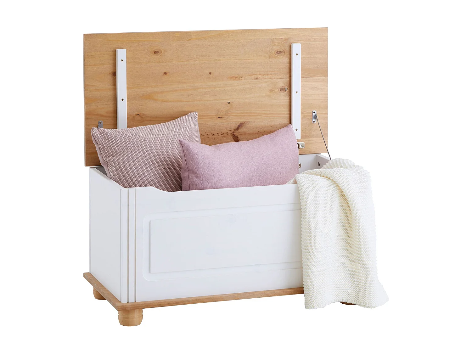 Coffre de rangement BRISTOL banc avec abattant en pin massif lasuré blanc et brun