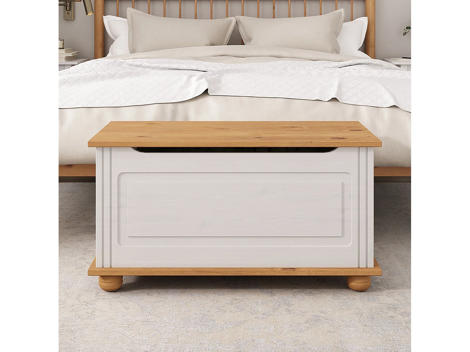 Coffre de rangement BRISTOL banc avec abattant en pin massif lasuré blanc et brun