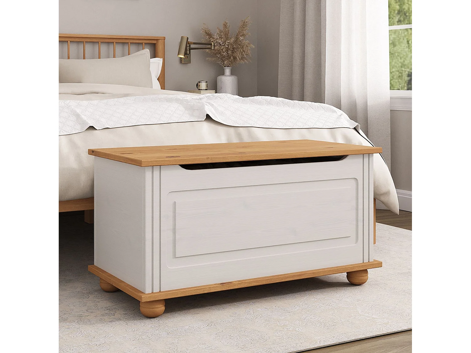 Coffre de rangement BRISTOL banc avec abattant en pin massif lasuré blanc et brun