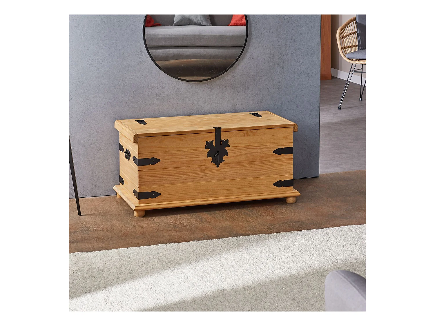 Coffre de rangement TEQUILA malle rectangulaire en bois style mexicain avec abattant, en pin massif finition teintée et cirée