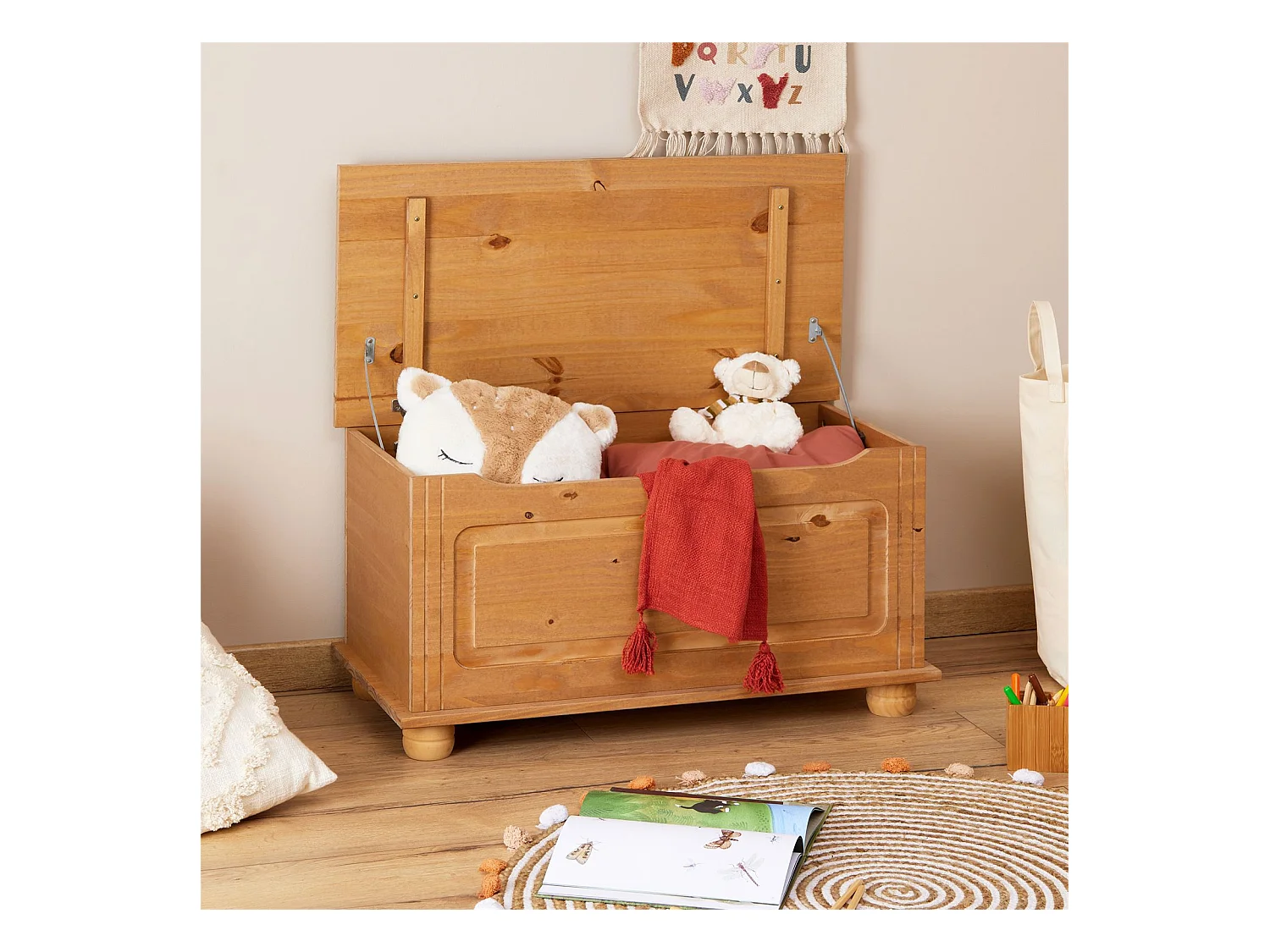 Coffre de rangement BRISTOL banc avec abattant en pin massif finition teintée cirée