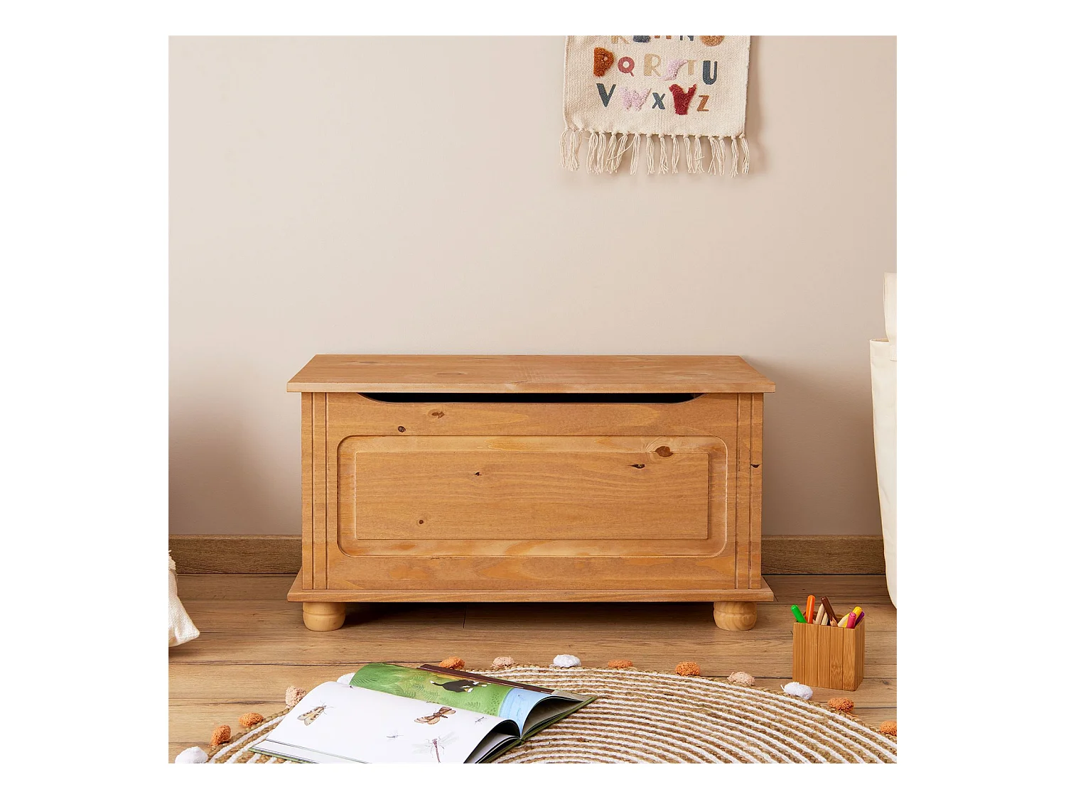 Coffre de rangement BRISTOL banc avec abattant en pin massif finition teintée cirée