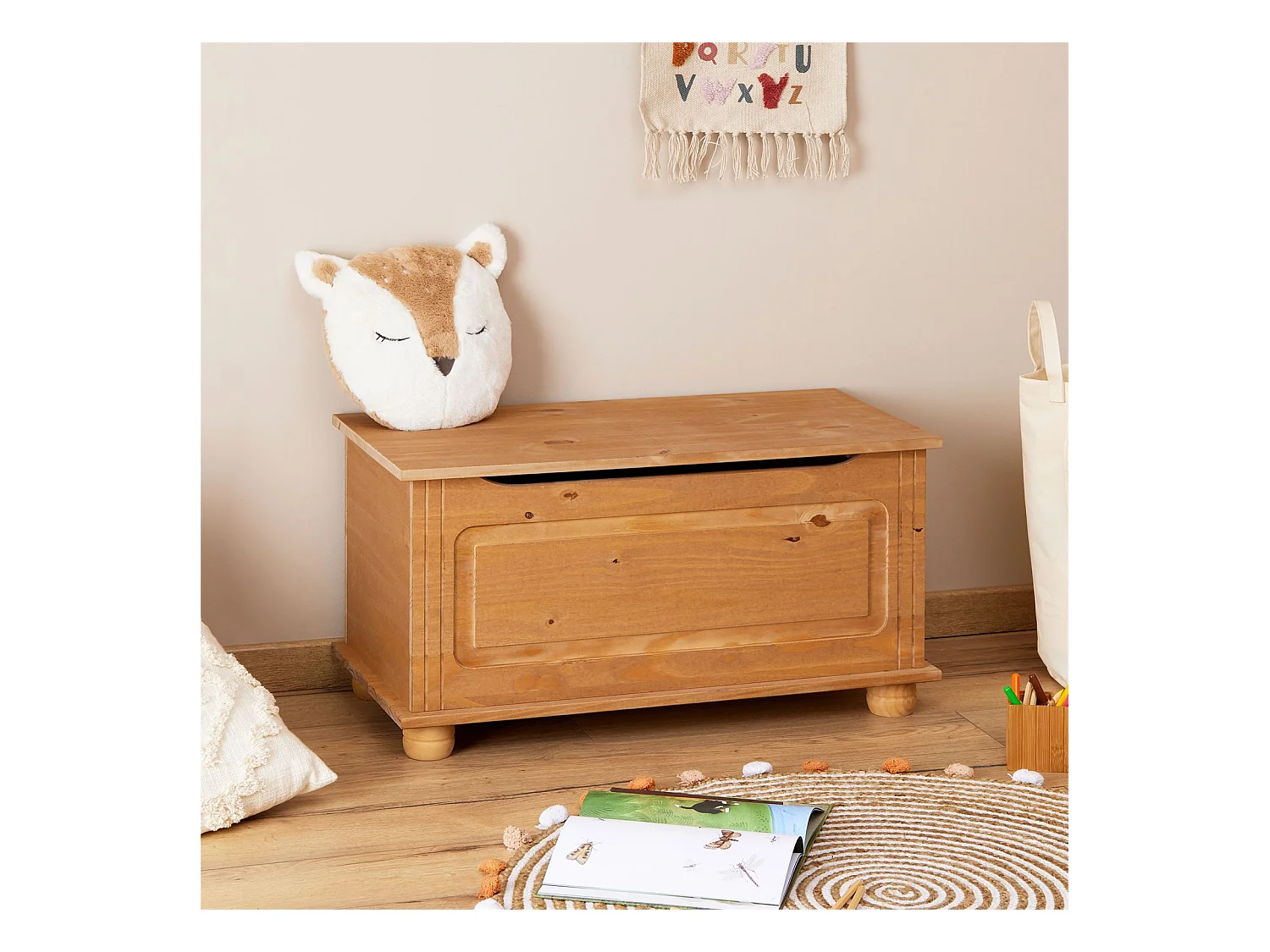 Coffre de rangement BRISTOL banc avec abattant en pin massif finition teintée cirée