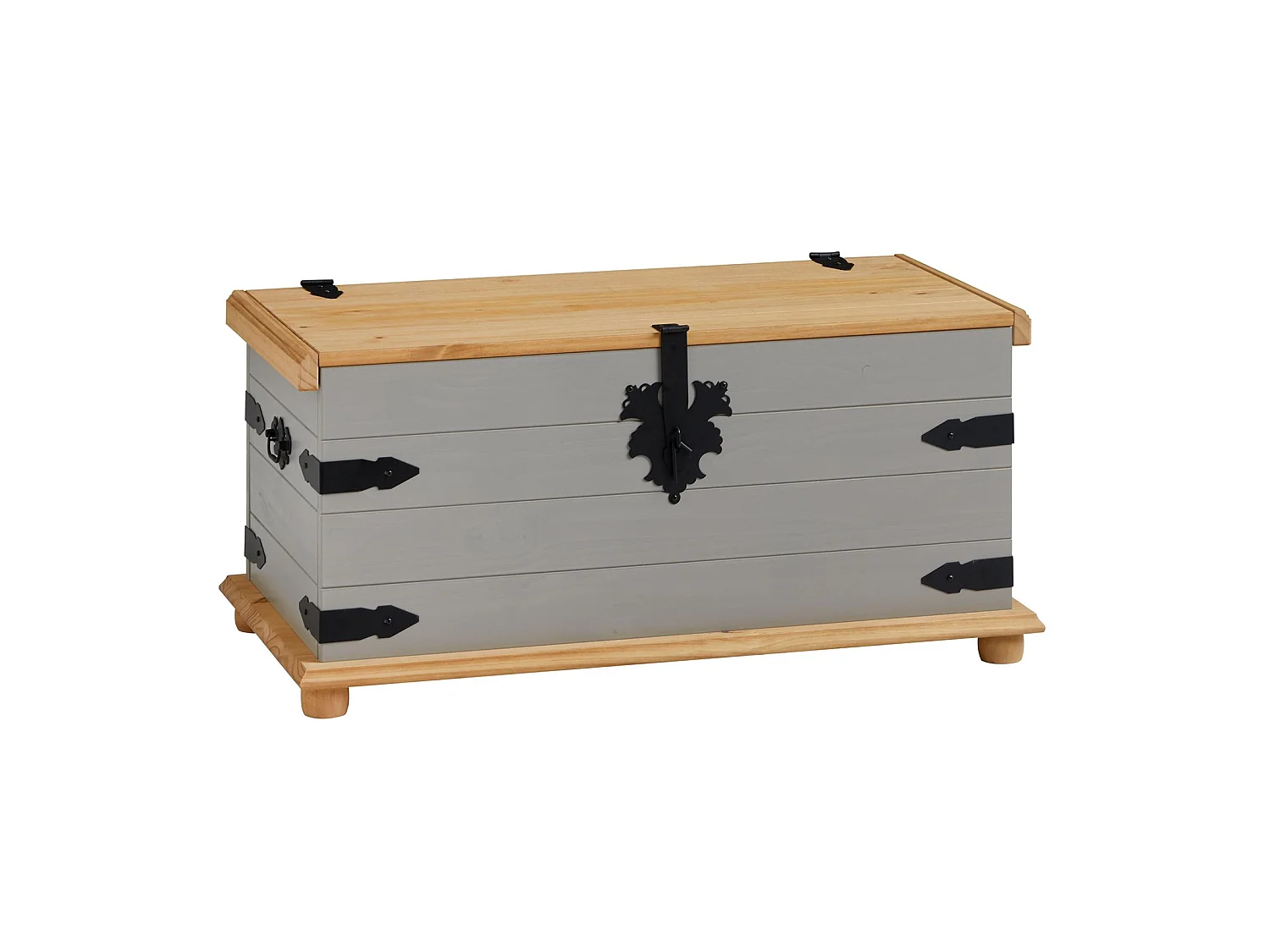 Coffre de rangement TEQUILA malle rectangulaire en bois style mexicain avec abattant, en pin massif lasuré gris et brun