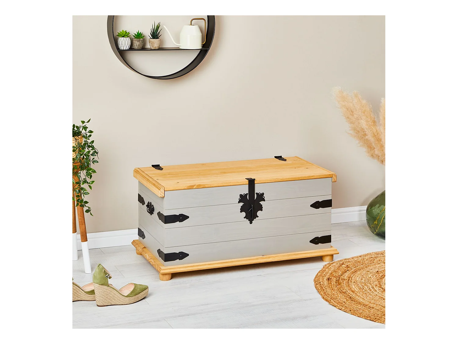 Coffre de rangement TEQUILA malle rectangulaire en bois style mexicain avec abattant, en pin massif lasuré gris et brun