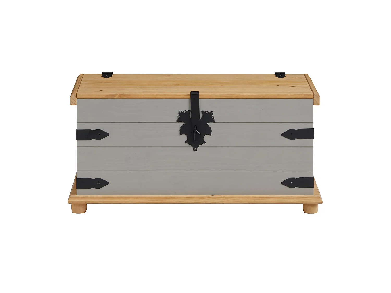 Coffre de rangement TEQUILA malle rectangulaire en bois style mexicain avec abattant, en pin massif lasuré gris et brun