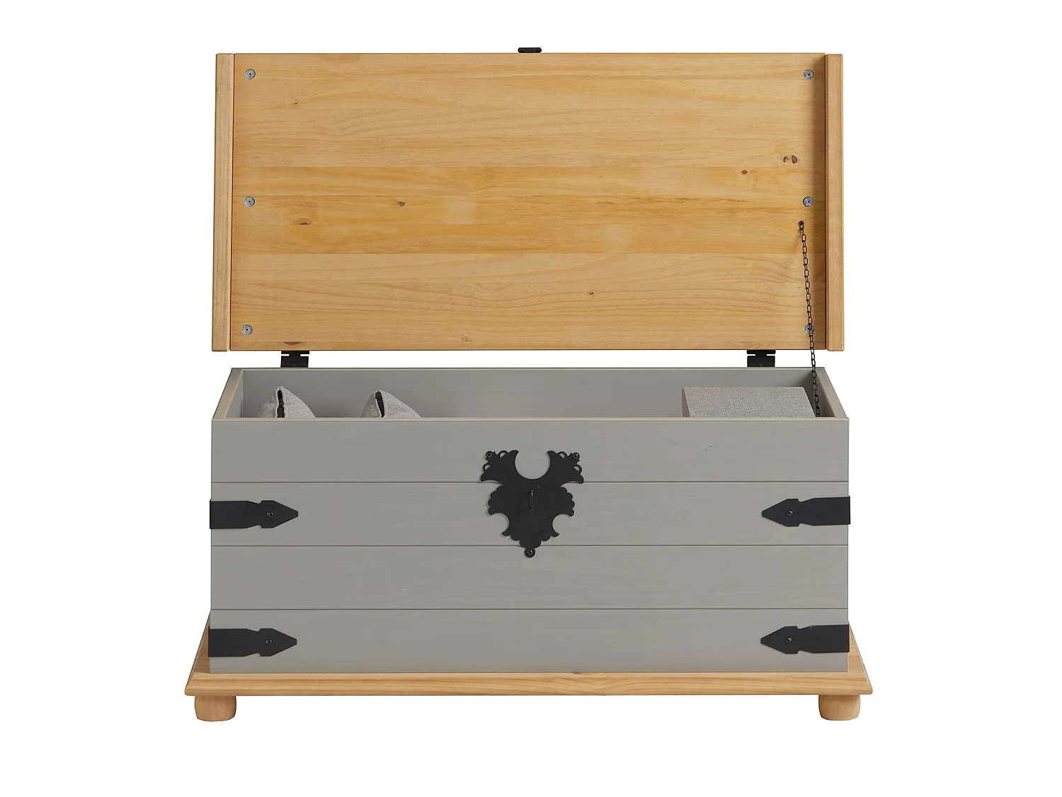 Coffre de rangement TEQUILA malle rectangulaire en bois style mexicain avec abattant, en pin massif lasuré gris et brun