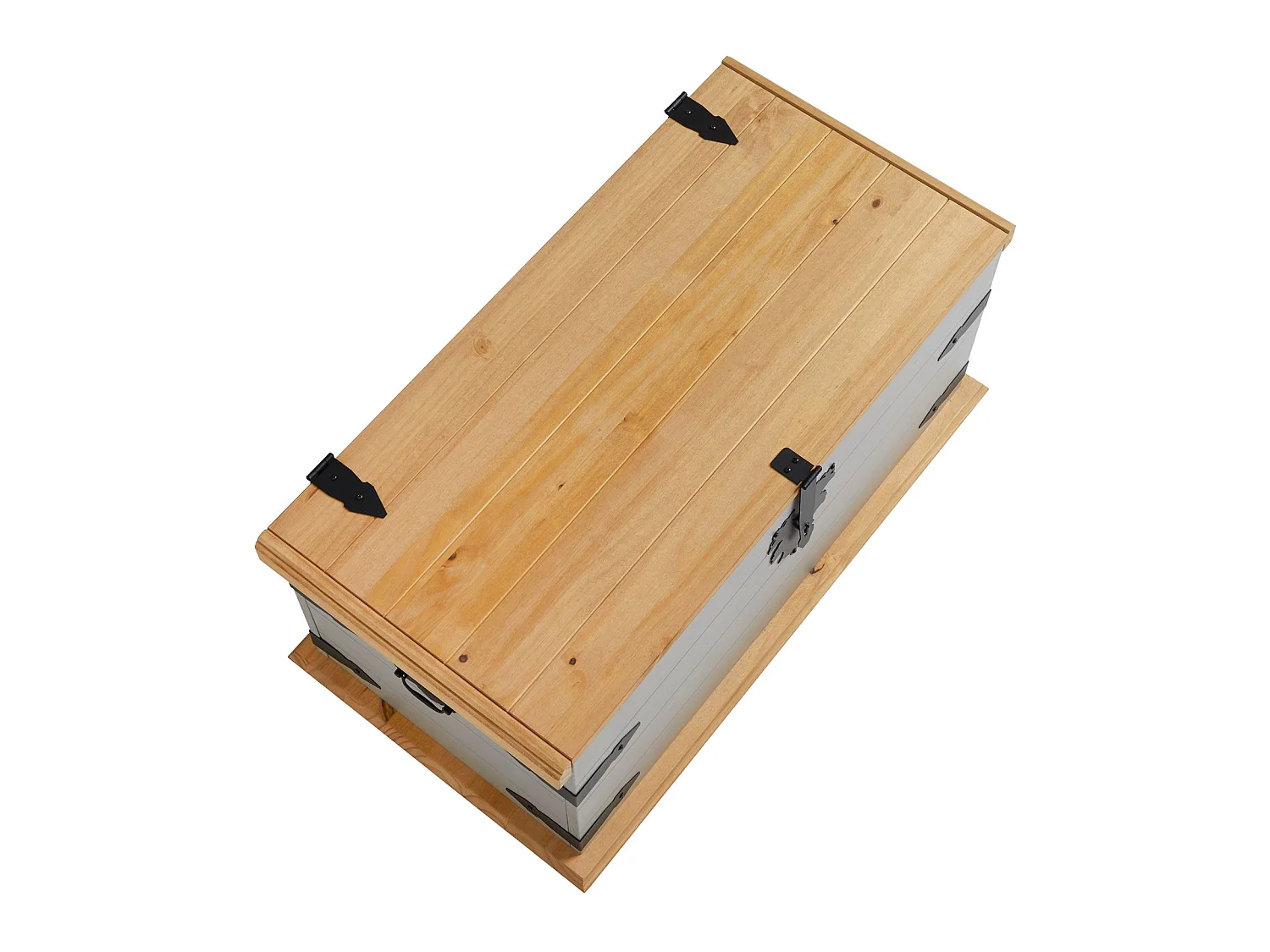 Coffre de rangement TEQUILA malle rectangulaire en bois style mexicain avec abattant, en pin massif lasuré gris et brun