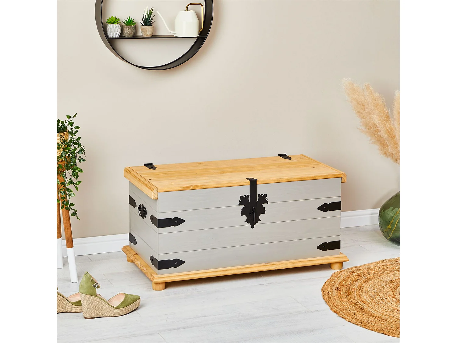 Coffre de rangement TEQUILA malle rectangulaire en bois style mexicain avec abattant, en pin massif lasuré gris et brun