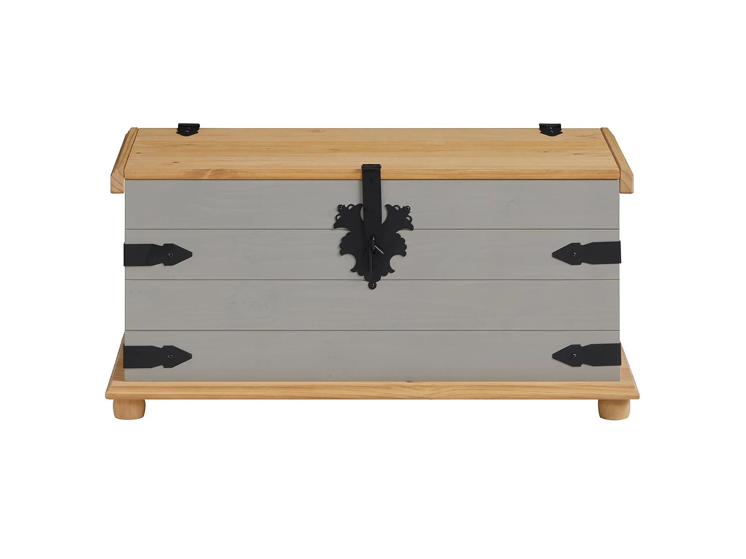 Coffre de rangement TEQUILA malle rectangulaire en bois style mexicain avec abattant, en pin massif lasuré gris et brun