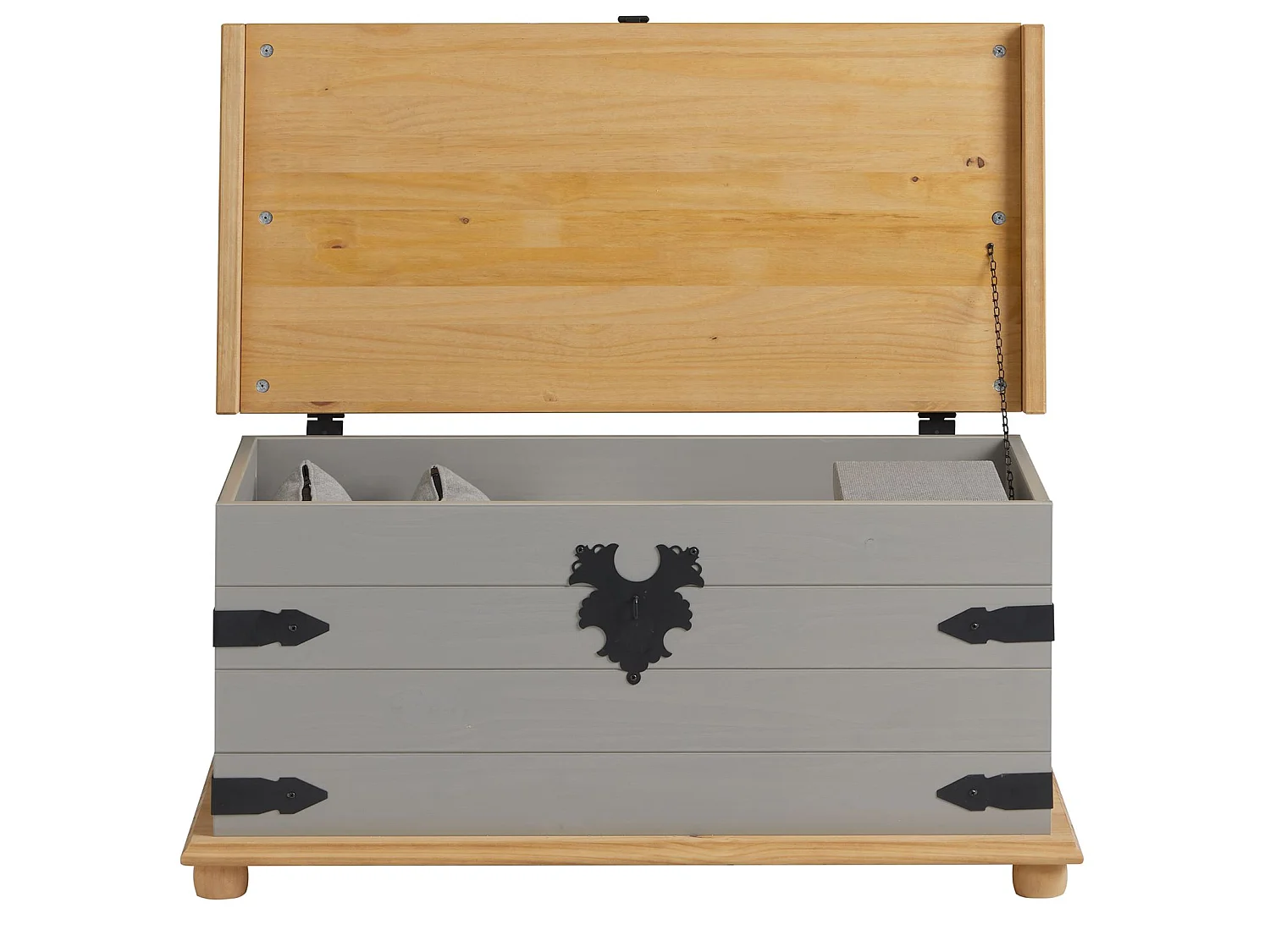 Coffre de rangement TEQUILA malle rectangulaire en bois style mexicain avec abattant, en pin massif lasuré gris et brun