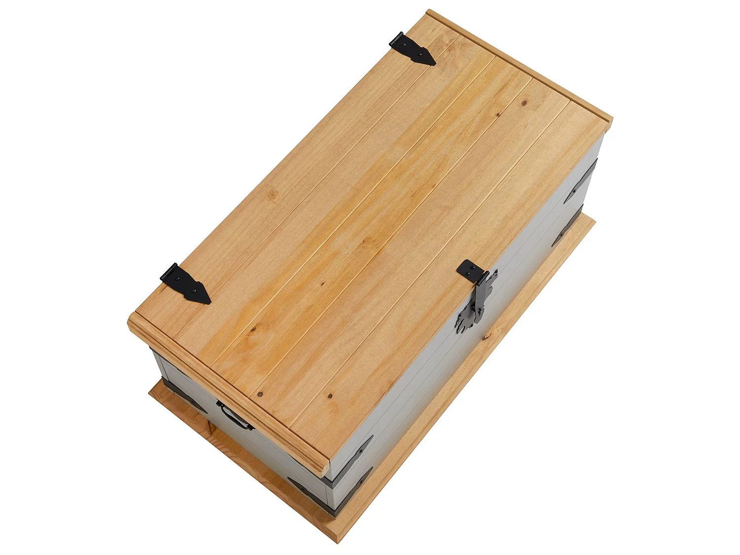 Coffre de rangement TEQUILA malle rectangulaire en bois style mexicain avec abattant, en pin massif lasuré gris et brun