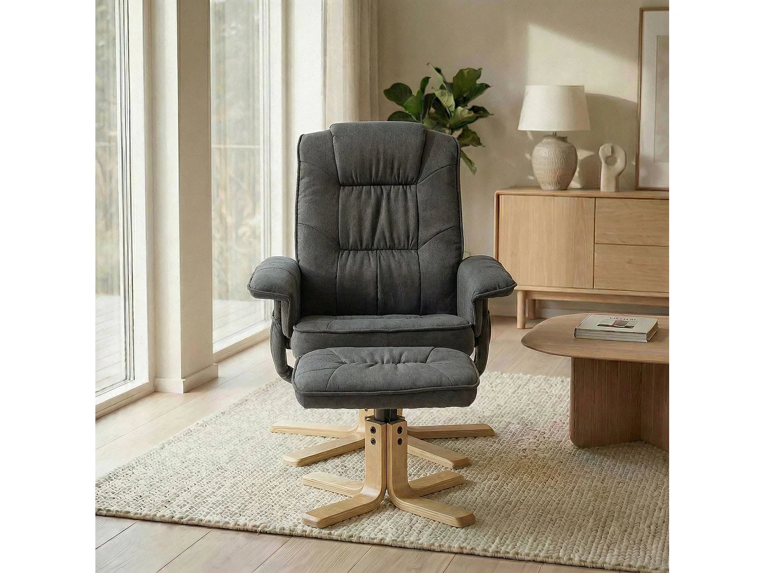 Fauteuil de relaxation CHARLY avec repose-pieds siège pivotant dossier inclinable assise rembourrée relax, en tissu gris anthracite