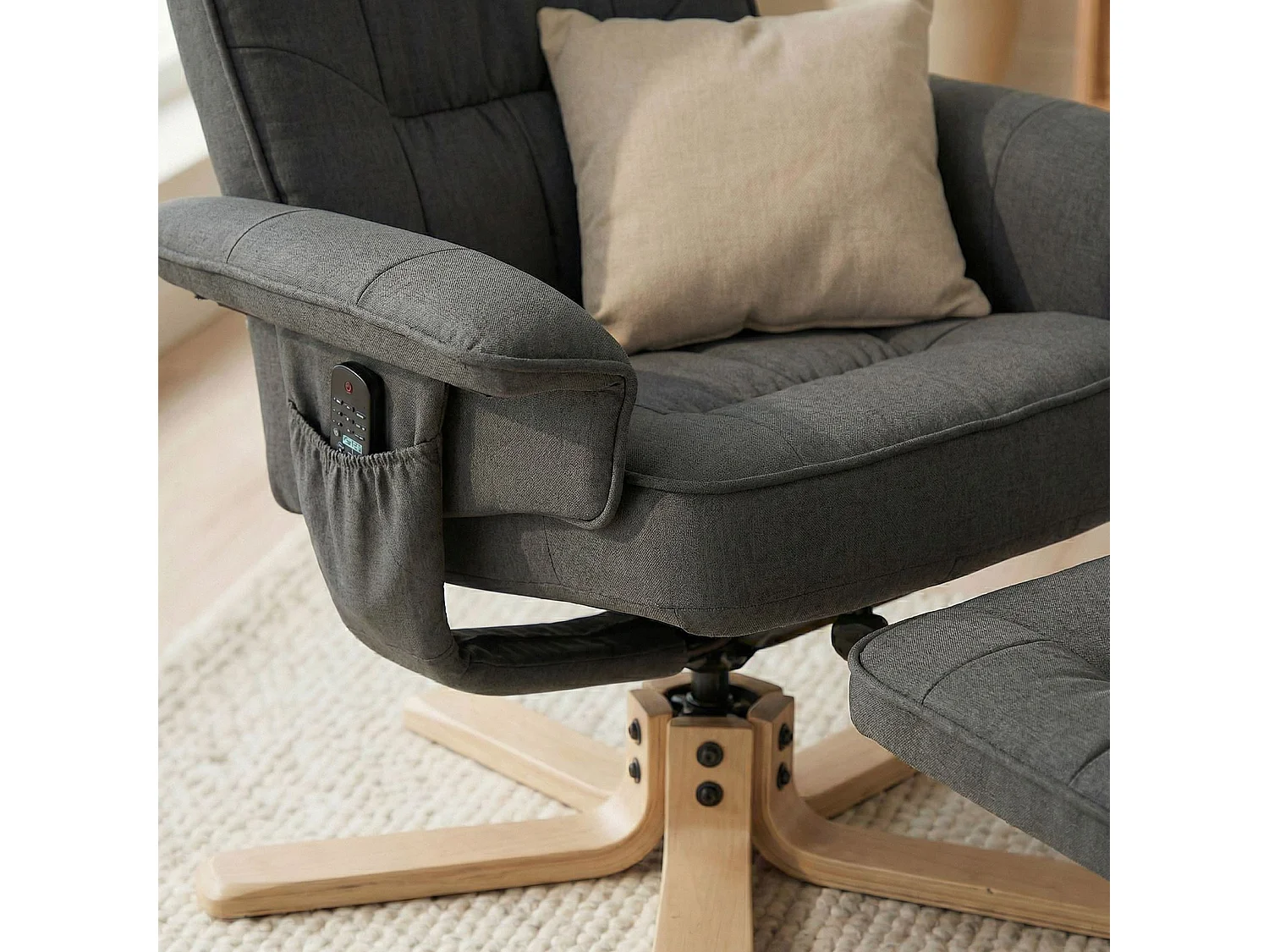 Fauteuil de relaxation CHARLY avec repose-pieds siège pivotant dossier inclinable assise rembourrée relax, en tissu gris anthracite