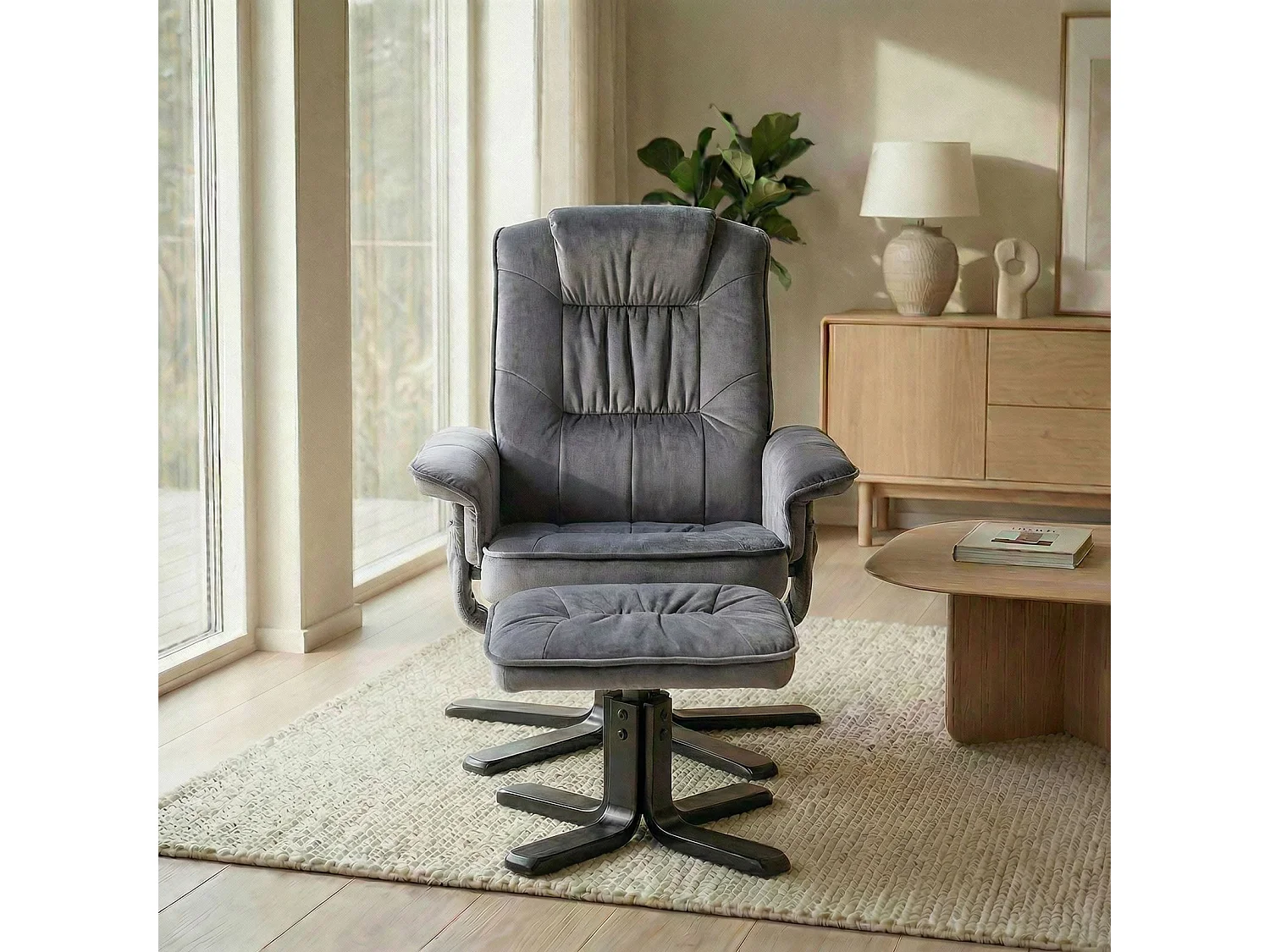 Fauteuil de relaxation CHARLES avec repose-pieds pouf siège pivotant dossier inclinable assise rembourrée relax, en velours gris