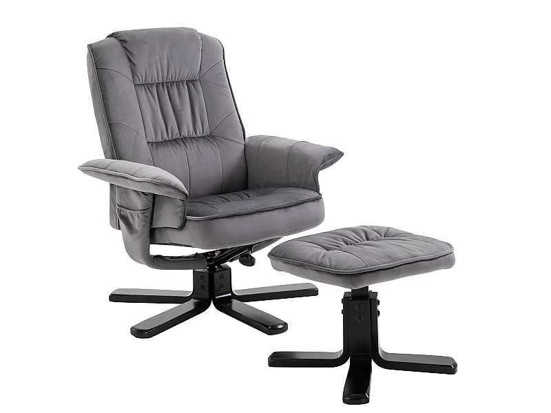 Fauteuil de relaxation CHARLES avec repose-pieds pouf siège pivotant dossier inclinable assise rembourrée relax, en velours gris