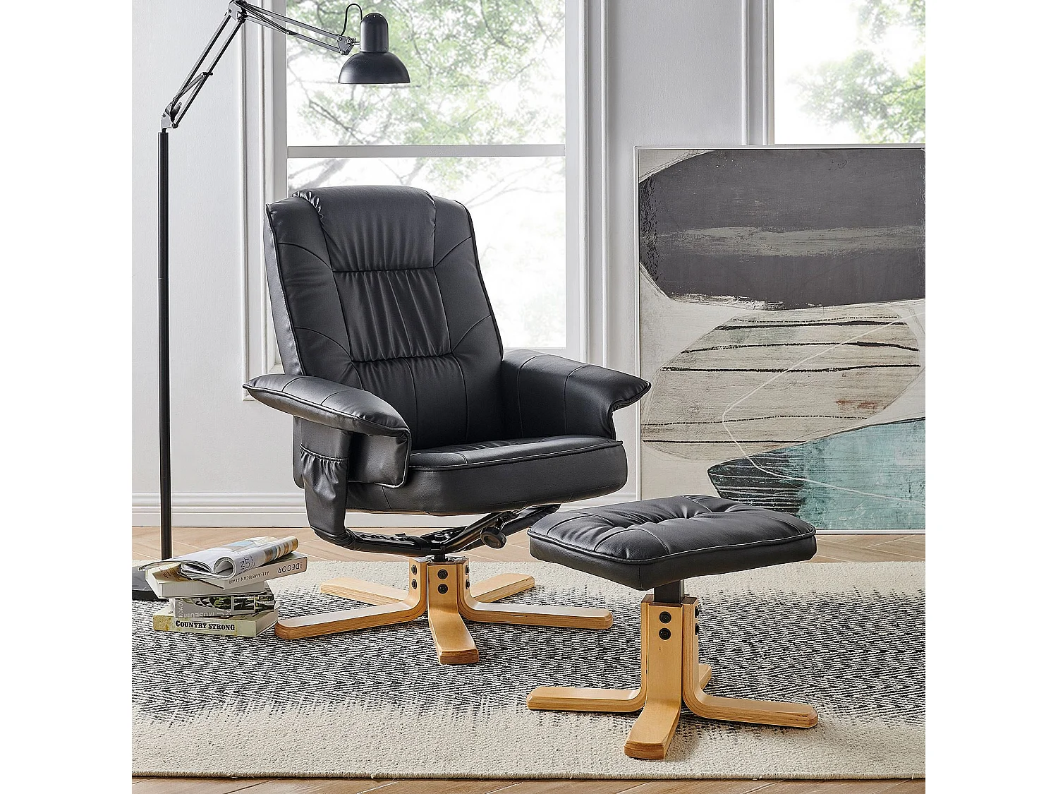 Fauteuil de relaxation CHARLY avec repose-pieds pouf siège pivotant dossier inclinable assise rembourrée relax, en synthétique noir