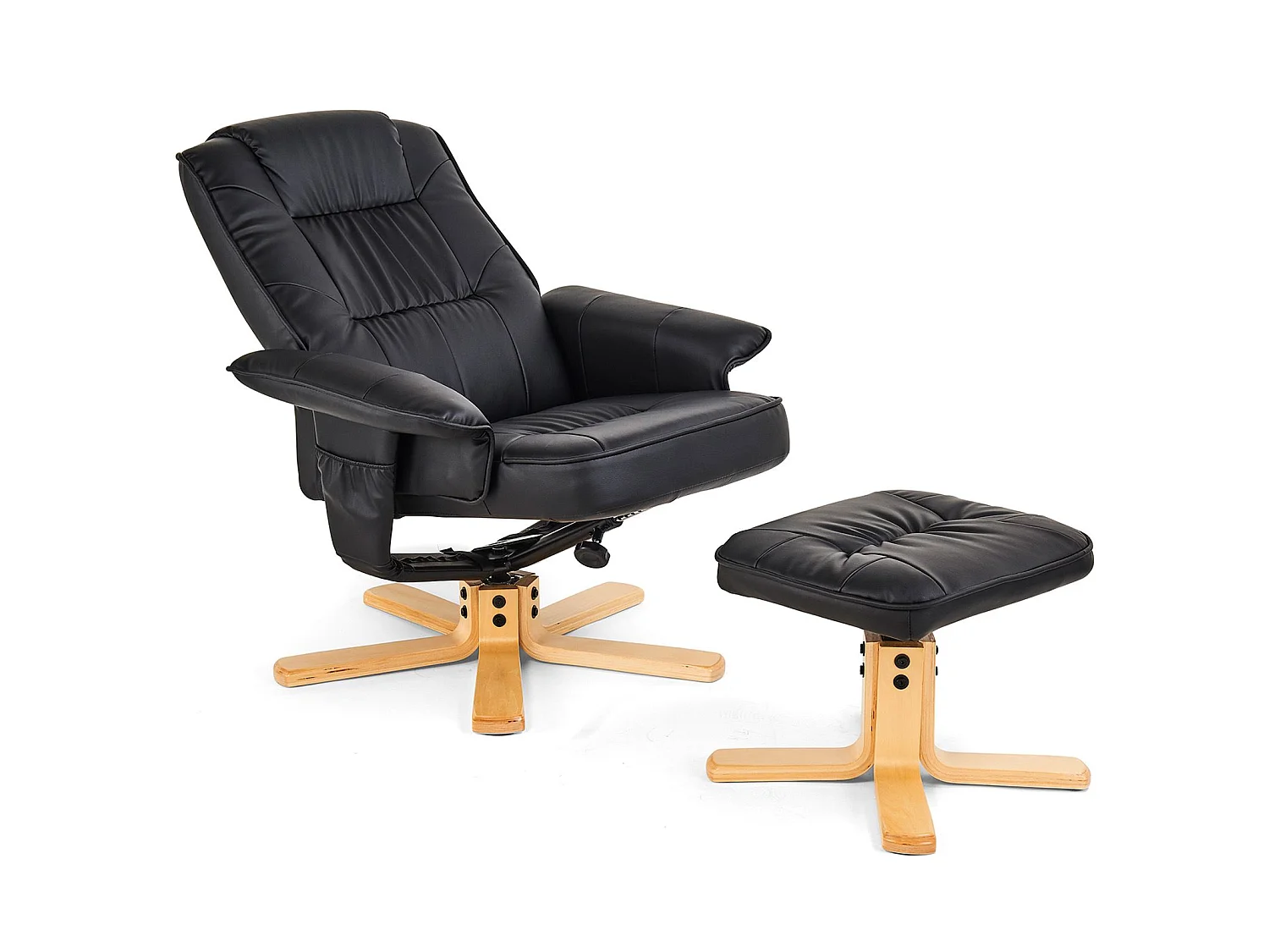 Fauteuil de relaxation CHARLY avec repose-pieds pouf siège pivotant dossier inclinable assise rembourrée relax, en synthétique noir