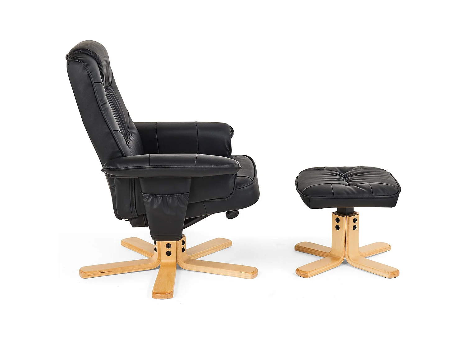 Fauteuil de relaxation CHARLY avec repose-pieds pouf siège pivotant dossier inclinable assise rembourrée relax, en synthétique noir