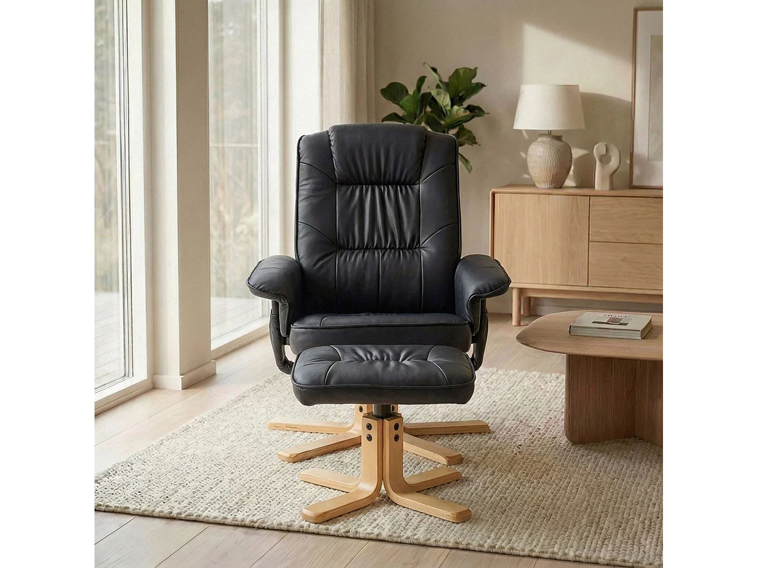 Fauteuil de relaxation CHARLY avec repose-pieds pouf siège pivotant dossier inclinable assise rembourrée relax, en synthétique noir