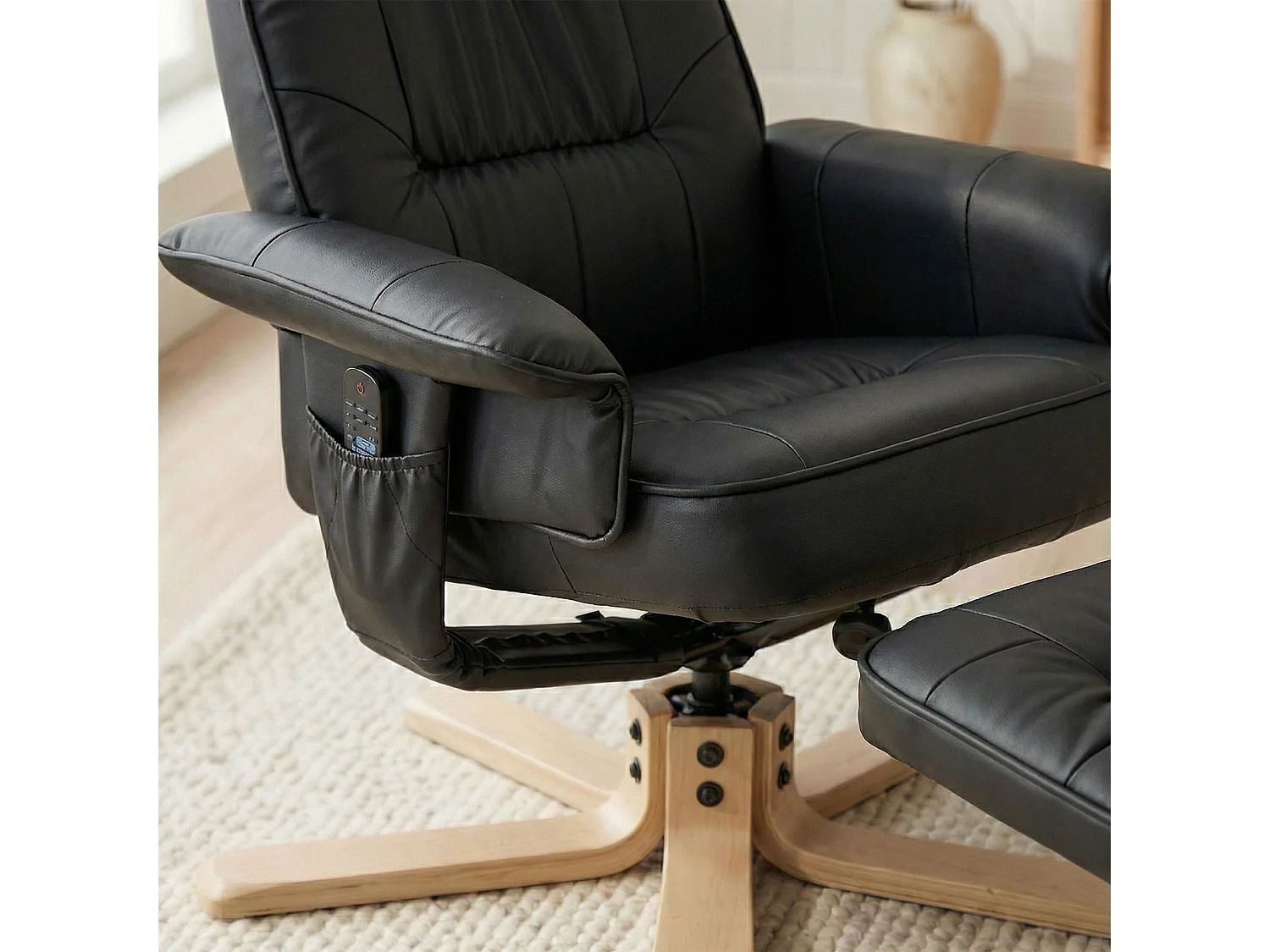 Fauteuil de relaxation CHARLY avec repose-pieds pouf siège pivotant dossier inclinable assise rembourrée relax, en synthétique noir