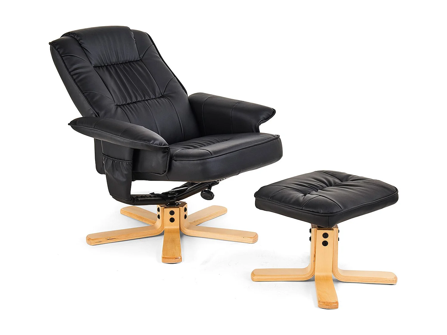 Fauteuil de relaxation CHARLY avec repose-pieds pouf siège pivotant dossier inclinable assise rembourrée relax, en synthétique noir