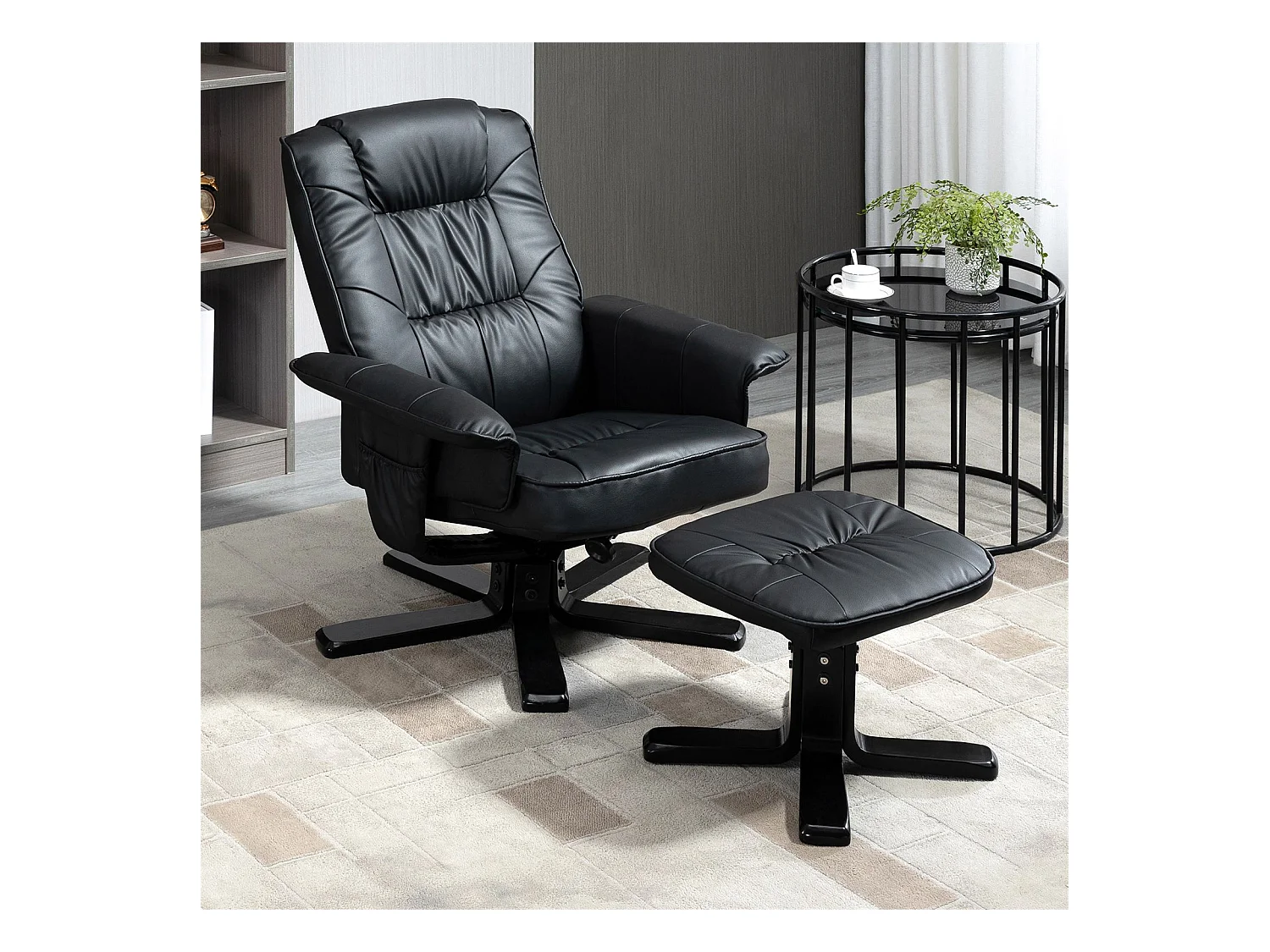 Fauteuil de relaxation CHARLY avec repose-pieds pouf siège pivotant dossier iinclinable en synthétique noir et pieds noir