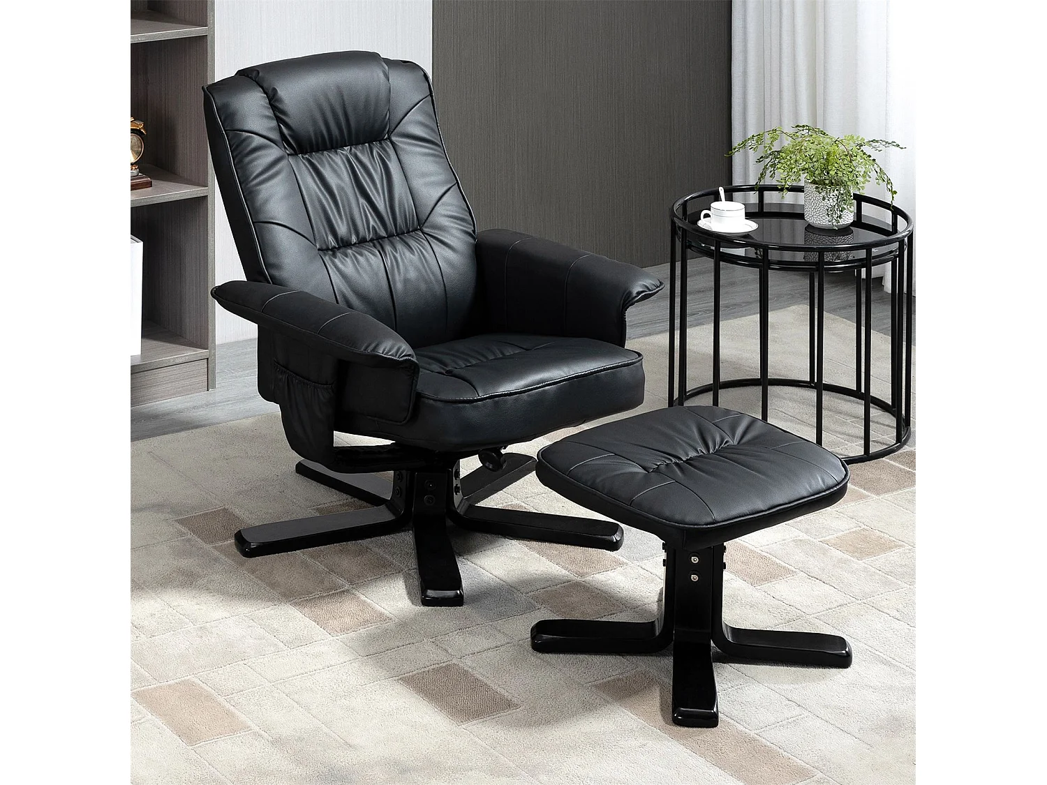 Fauteuil de relaxation CHARLY avec repose-pieds pouf siège pivotant dossier iinclinable en synthétique noir et pieds noir