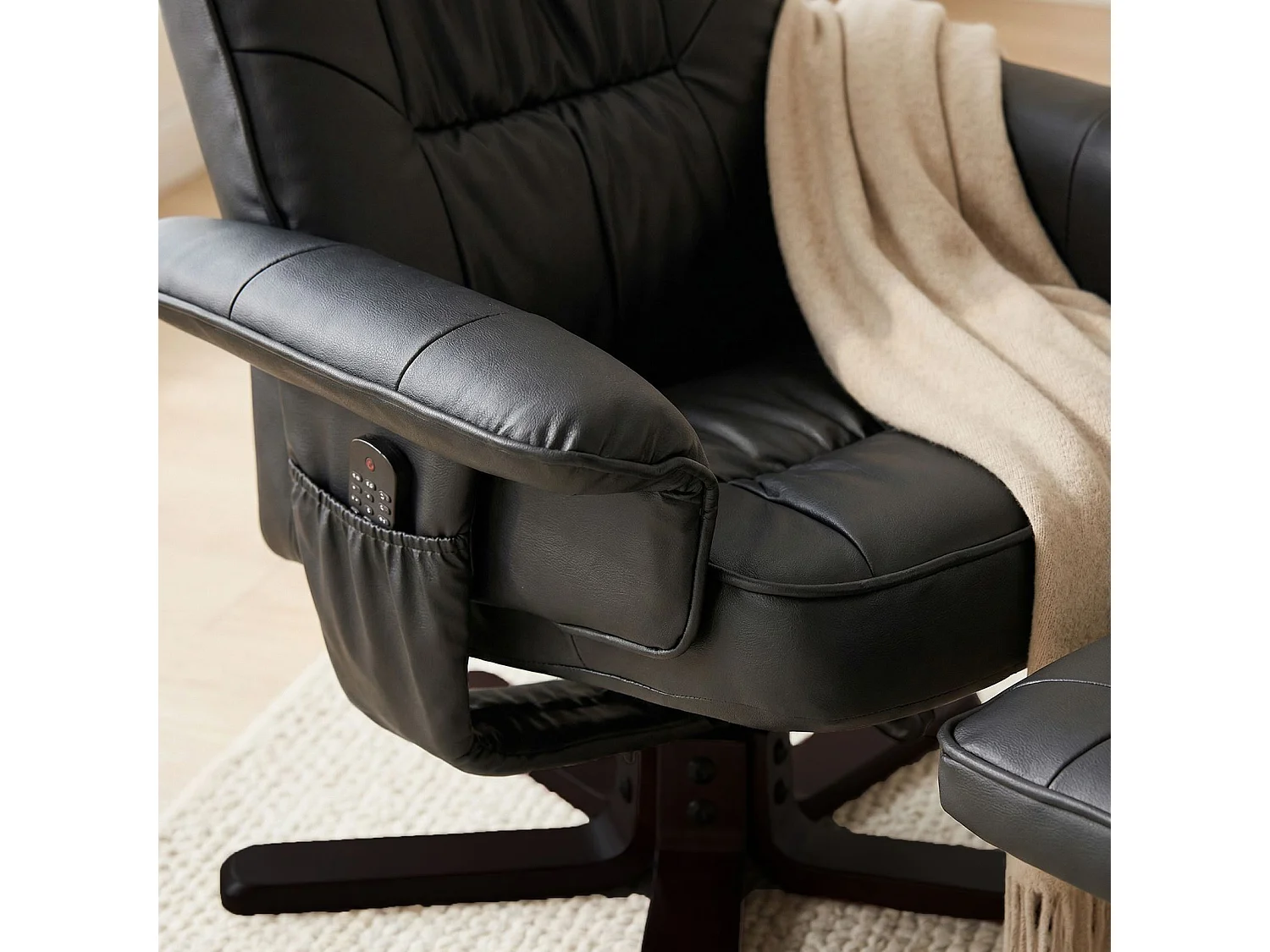 Fauteuil de relaxation CHARLY avec repose-pieds pouf siège pivotant dossier iinclinable en synthétique noir et pieds noir