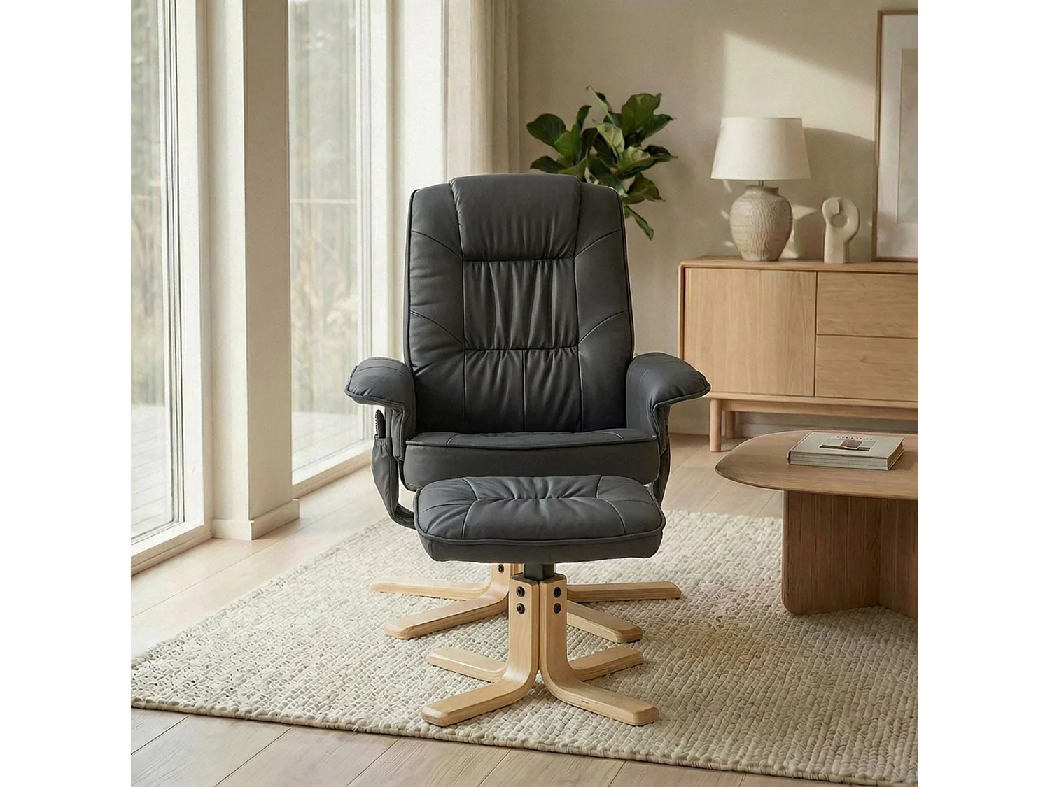 Fauteuil de relaxation CHARLY avec repose-pieds pouf siège pivotant dossier inclinable assise rembourrée relax, en synthétique gris