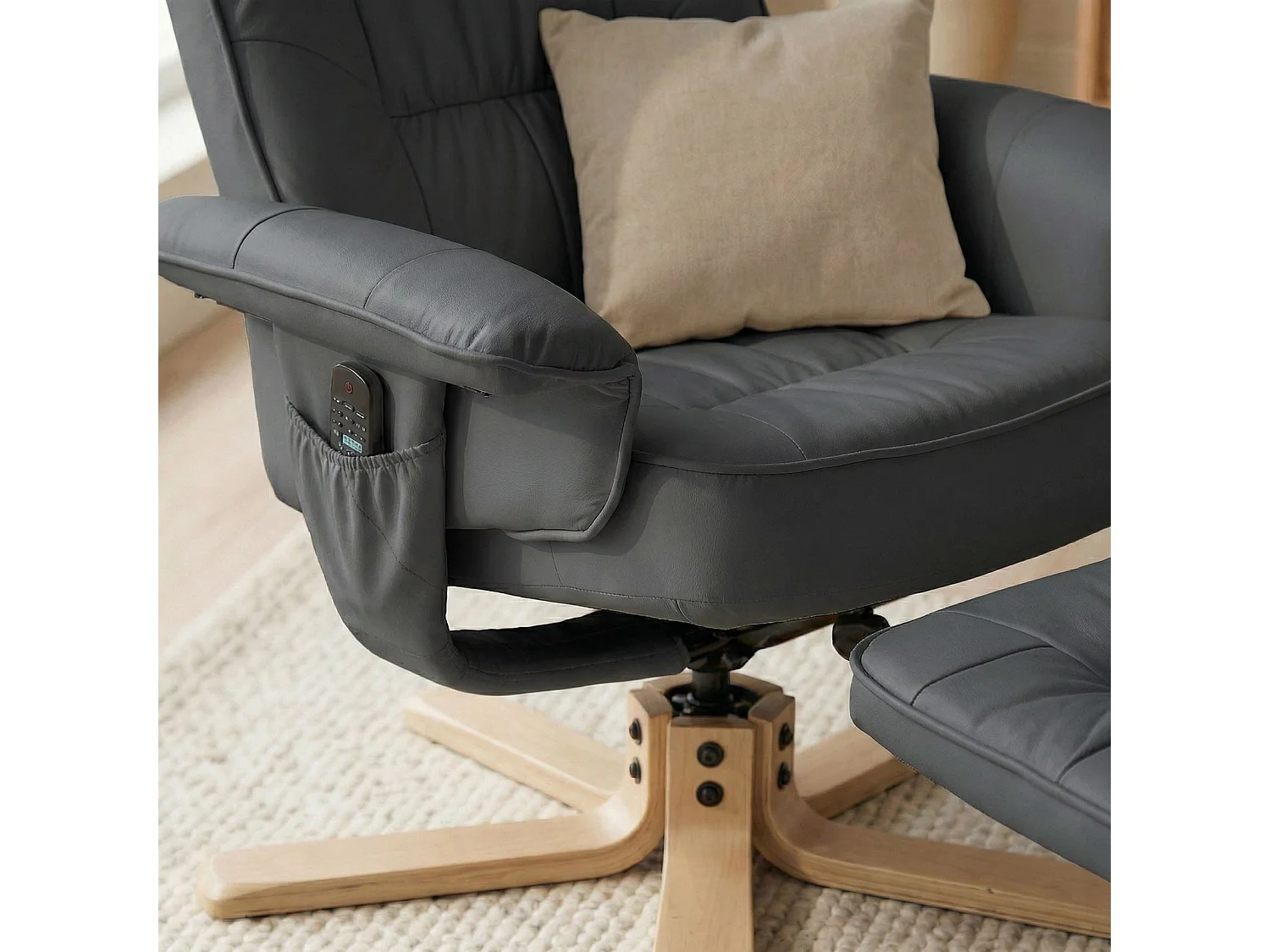 Fauteuil de relaxation CHARLY avec repose-pieds pouf siège pivotant dossier inclinable assise rembourrée relax, en synthétique gris