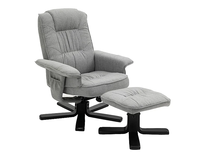 Fauteuil de relaxation CHARLY repose-pieds siège pivotant dossier inclinable assise rembourrée relax, en tissu gris et pieds noirs