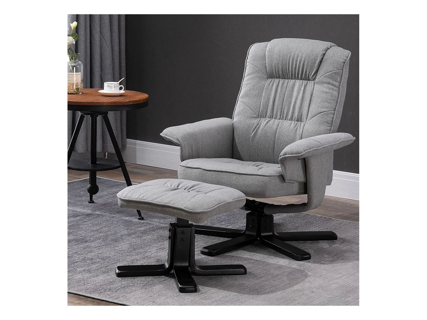 Fauteuil de relaxation CHARLY repose-pieds siège pivotant dossier inclinable assise rembourrée relax, en tissu gris et pieds noirs